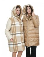 Reversible real down jacket 50 brown and beige collar with piping and long sleeves with invisible pocket - Image 14