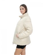 Reversible real down jacket 50 brown and beige collar with piping and long sleeves with invisible pocket - Image 9