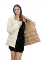 Reversible real down jacket 50 brown and beige collar with piping and long sleeves with invisible pocket - Image 13