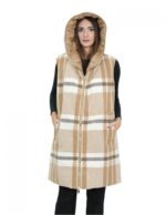 Smanicato gilet reversibile 46 marrone in lana con fantasia a quadri da un lato e dall'altro in piumino con cappuccio e zip