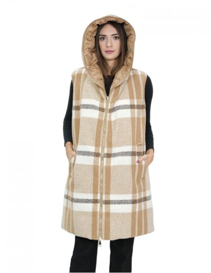 Smanicato gilet reversibile 46 marrone in lana con fantasia a quadri da un lato e dall'altro in piumino con cappuccio e zip