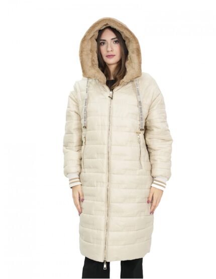Cappotto reversibile con pelliccia di montone e piumino in piuma 46 nei colori beige e marrone manica lunga chiusura zip