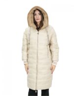 Cappotto reversibile con pelliccia di montone e piumino in piuma 50 nei colori beige e marrone manica lunga chiusura zip