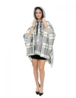 Wool cape poncho with grey checked patterned down inserts with hood and button closure, external pockets - Image 6