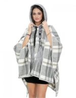 Poncho mantella in lana con inserti in piumino grigio fantasia a quadri con cappuccio e chiusura bottoni tasche esterne