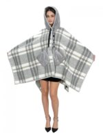 Wool cape poncho with grey checked patterned down inserts with hood and button closure, external pockets - Image 5