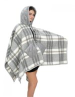 Wool cape poncho with grey checked patterned down inserts with hood and button closure, external pockets - Image 4