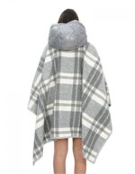 Wool cape poncho with grey checked patterned down inserts with hood and button closure, external pockets - Image 7
