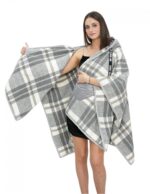 Wool cape poncho with grey checked patterned down inserts with hood and button closure, external pockets - Image 8