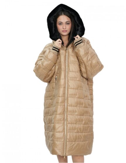 Cappotto reversibile con pelliccia di montone e piumino in piuma 48 nei colori oro e nero manica lunga chiusura zip