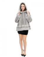 Sapphire mink fur jacket 54 full and horizontal knitting long sleeves hood - Image 5