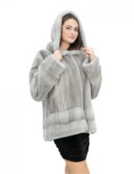 Sapphire mink fur jacket 52 full and horizontal knit long sleeves hood - Image 4