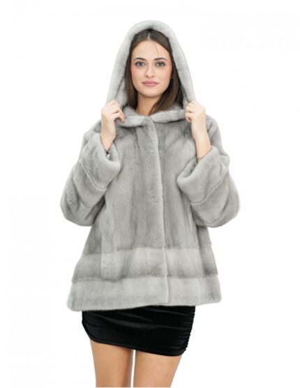 Giacca pelliccia visone zaffiro 54 lavorazione intera e orizzontale manica lunga cappuccio