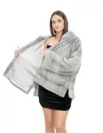 Sapphire mink fur jacket 54 full and horizontal knitting long sleeves hood - Image 7