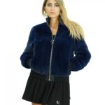 Giacca Bomber 44 visone blu con lavorazione a pelle intera e elastico in vita e polsi nero