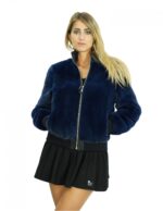 Giacca Bomber 44 visone blu con lavorazione a pelle intera e elastico in vita e polsi nero