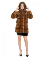 40 dark gold mink fur coat with hood, long sleeves, external pockets and drawstring - Image 5