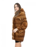 40 dark gold mink fur coat with hood, long sleeves, external pockets and drawstring - Image 3