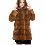 Cappotto 40 pelliccia di visone gold scuro con cappuccio maniche lunghe tasche esterne e coulisse