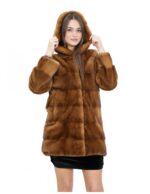 Cappotto 40 pelliccia di visone gold scuro con cappuccio maniche lunghe tasche esterne e coulisse