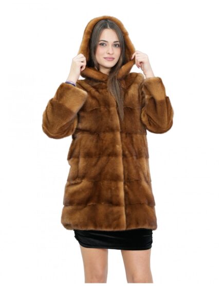 Cappotto 40 pelliccia di visone gold scuro con cappuccio maniche lunghe tasche esterne e coulisse