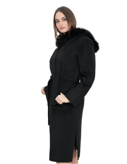 Cappotto nero 46 in lana e pelliccia di volpe cashmere con cappuccio cintura chiusura bottoni