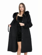 Black 46 coat in wool and fox fur cashmere with hood belt and button closure - Image 7