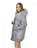 Sapphire grey coat 52, Persian wool and fox, hood, elastic zip, cuffs and hem - Image 3