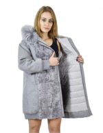 Sapphire grey coat 52, Persian wool and fox, hood, elastic zip, cuffs and hem - Image 7