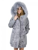 Cappotto grigio zaffiro 52 lana persiano e volpe cappuccio zip elastico polsi e fondo