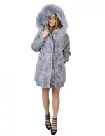 Sapphire grey coat 52, Persian wool and fox, hood, elastic zip, cuffs and hem - Image 5