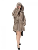Cappotto 52 reversibile nocciola visone intero e tessuto impermeabile zip manica lunga lungo 86 cm