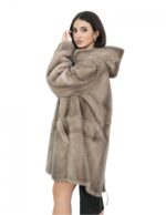 Cappotto 52 reversibile nocciola visone intero e tessuto impermeabile zip manica lunga lungo 86 cm
