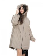 Cappotto 52 reversibile nocciola visone intero e tessuto impermeabile zip manica lunga lungo 86 cm