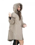 Cappotto 52 reversibile nocciola visone intero e tessuto impermeabile zip manica lunga lungo 86 cm