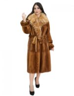 Gold mink coat with fox collar 44 fur belt full leather long sleeve - Image 5