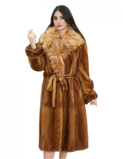 Cappotto visone gold con collo volpe 44 cintura pelliccia pelle intera manica lunga
