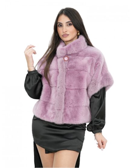 Giacca corta in colore lilla 44 con manica corta collo pistagna pelliccia visone