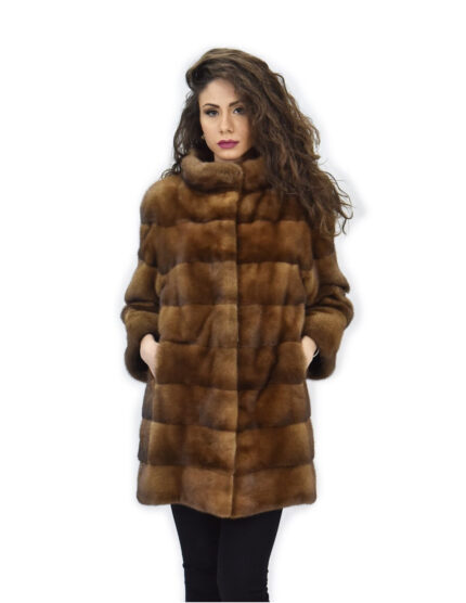 54 Golden cappotto 82cm pelliccia di visone orizzontale manica 3/4 collo pistagna