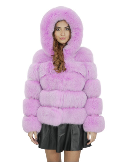 Giacca lunga 64 cm 42 pelliccia volpe lavanda lavorazione orizzontale con maniche lunghe e cappuccio