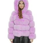 Giacca lunga 64 cm 44 pelliccia volpe lavanda lavorazione orizzontale con maniche lunghe e cappuccio