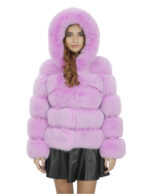 Giacca lunga 64 cm 44 pelliccia volpe lavanda lavorazione orizzontale con maniche lunghe e cappuccio