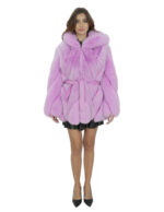 Giacca in volpe trasversale 46 fucsia rosa lavanda cappuccio pelliccia donna con ganci a maniche lunghe
