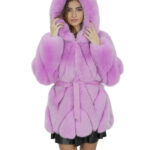 Giacca in volpe trasversale 46 fucsia rosa lavanda cappuccio pelliccia donna con ganci a maniche lunghe