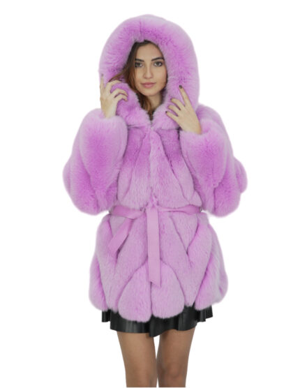 Giacca in volpe trasversale 46 fucsia rosa lavanda cappuccio pelliccia donna con ganci a maniche lunghe