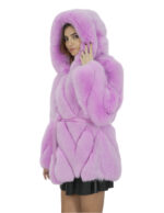 Giacca in volpe trasversale 46 fucsia rosa lavanda cappuccio pelliccia donna con ganci a maniche lunghe