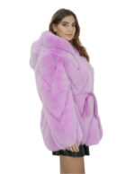 Giacca in volpe trasversale 46 fucsia rosa lavanda cappuccio pelliccia donna con ganci a maniche lunghe