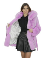 Giacca in volpe trasversale 46 fucsia rosa lavanda cappuccio pelliccia donna con ganci a maniche lunghe
