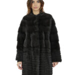 Cappotto braschi aurora grigio 46 pelliccia visone orizzontale a fasce grandi e sottili collo chanel