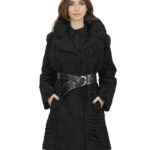 Cappotto persiano swakara nero 44 con cintura in pelliccia collo petto e bavero manica lunga
